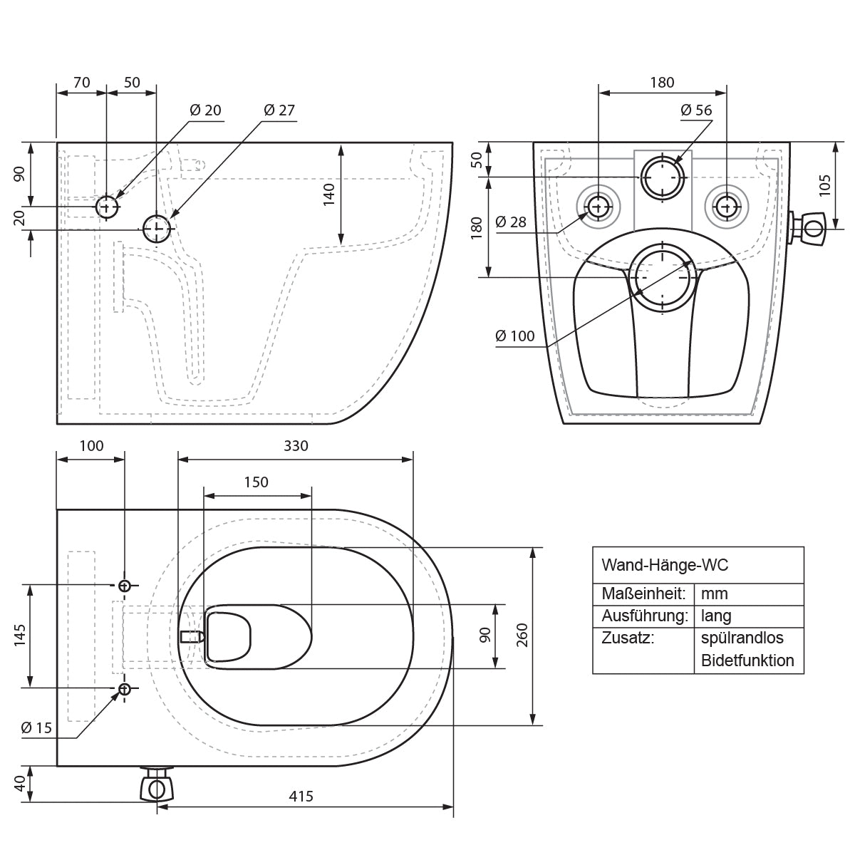 Dibujo técnico de un inodoro suspendido con especificaciones de medidas.