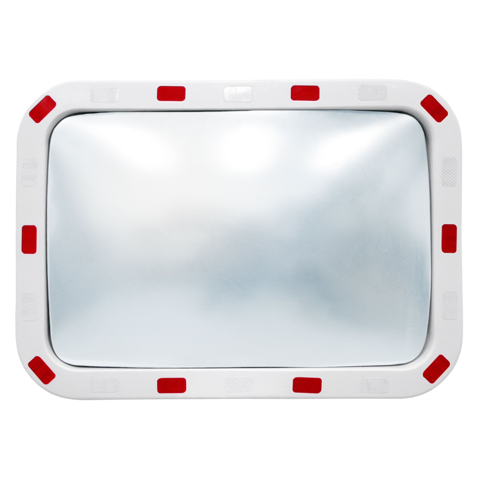 Reflektierender Verkehrsspiegel mit rotem Rand, rechteckig, auf weißem Hintergrund.