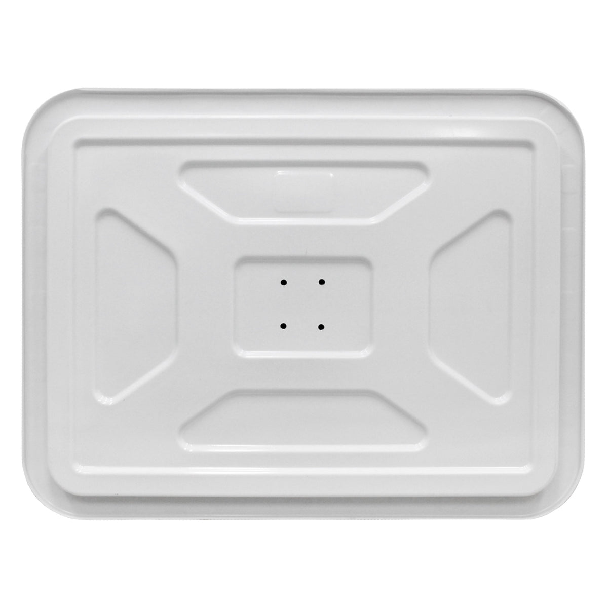 A white rectangular plastic plate with three holes in the center.