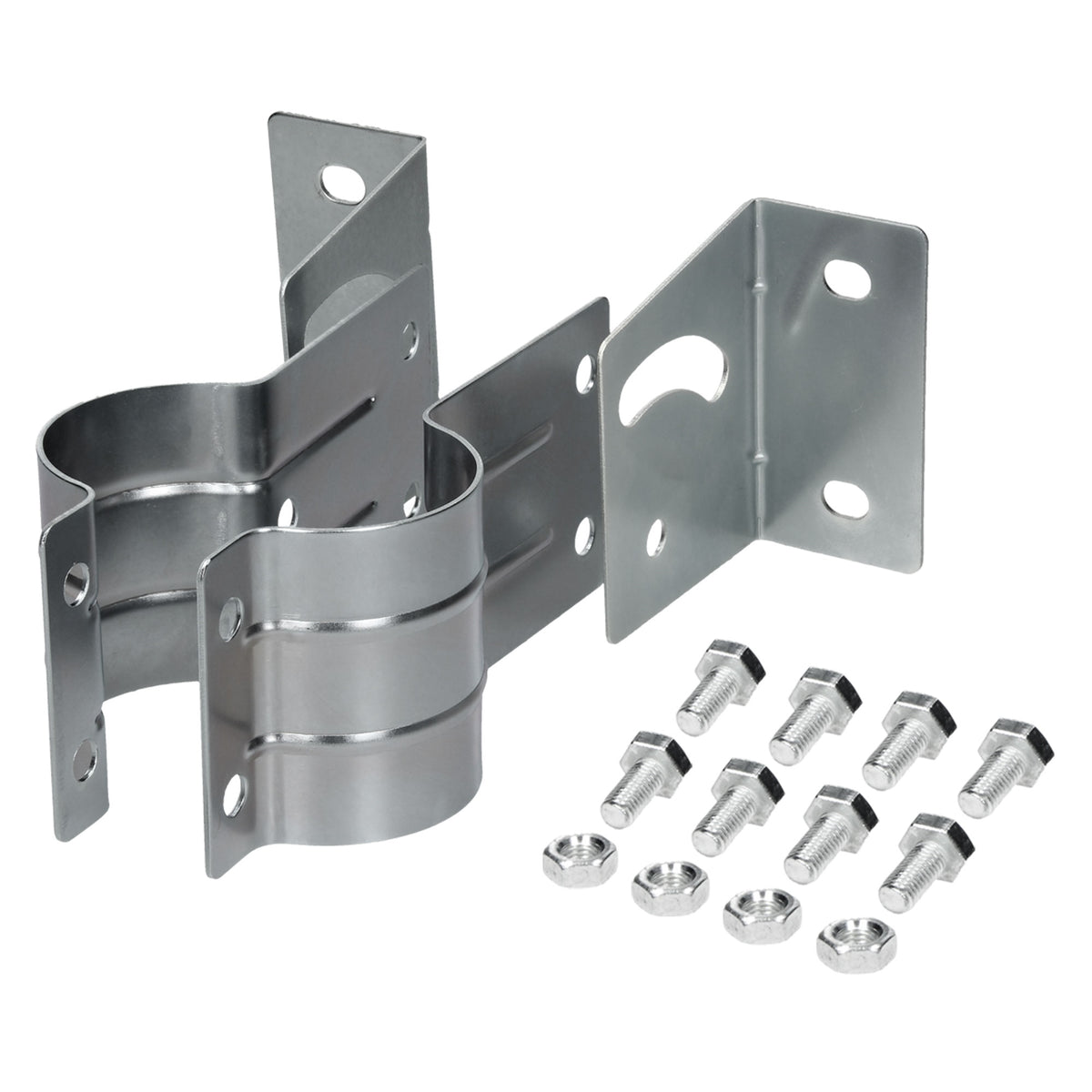 Various metal parts and screws on a white background.