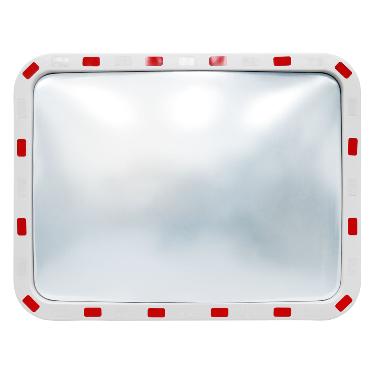 Reflective traffic mirror with red border, rectangular, on a white background.