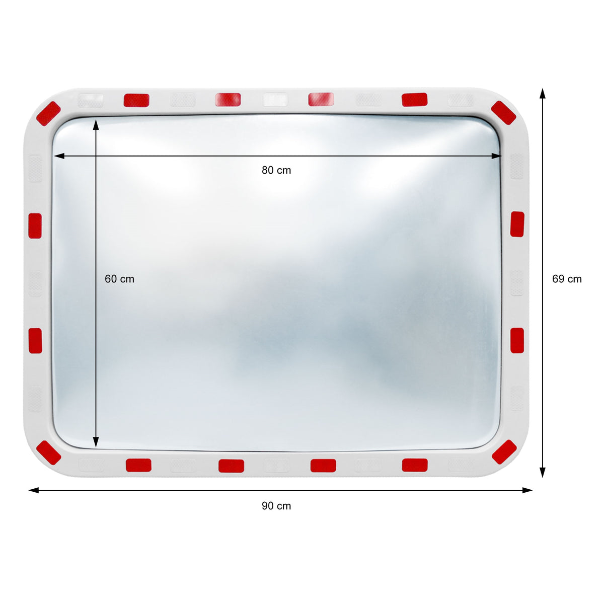 Rectangular mirror with red edges, dimensions 90 cm x 69 cm.