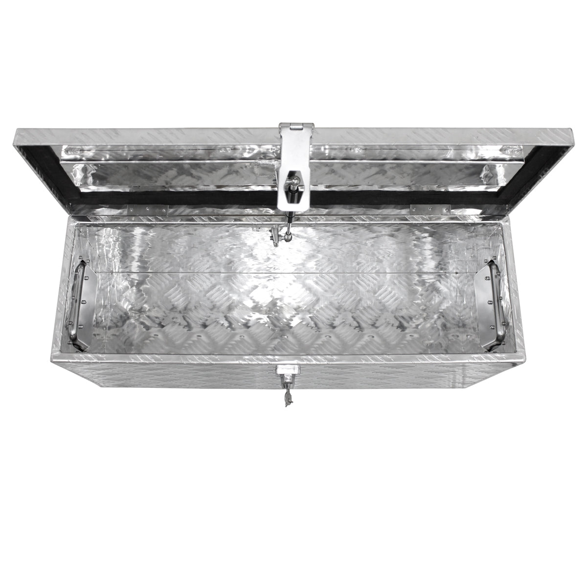 Offener Aluminiumbehälter mit Sicht auf den Innenraum und Verschluss.
