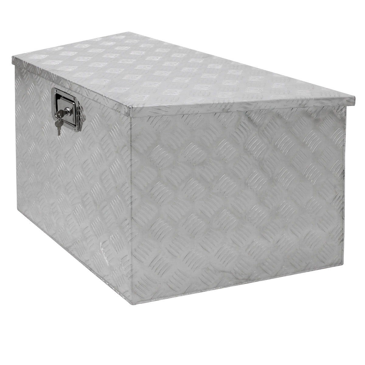 Caja rectangular plateada con superficie ondulada y tapa inclinada.