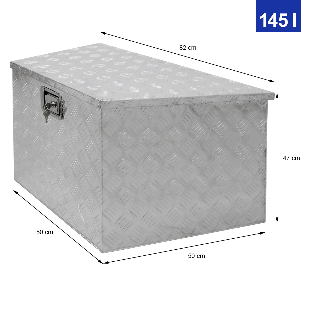 Caja de almacenamiento plateada con medidas y una tapa.