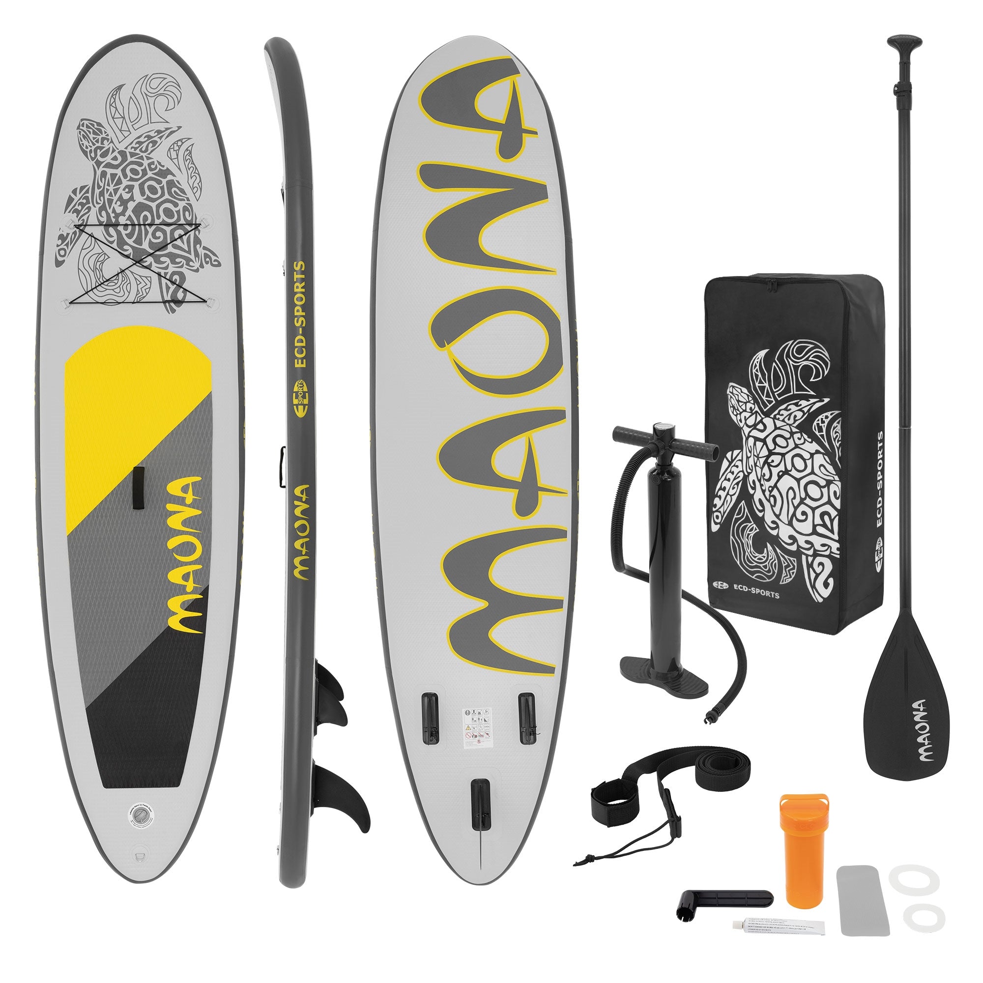 Graues Stand-Up-Paddle-Board mit Zubehör: Pumpe, Paddel und Tragetasche.