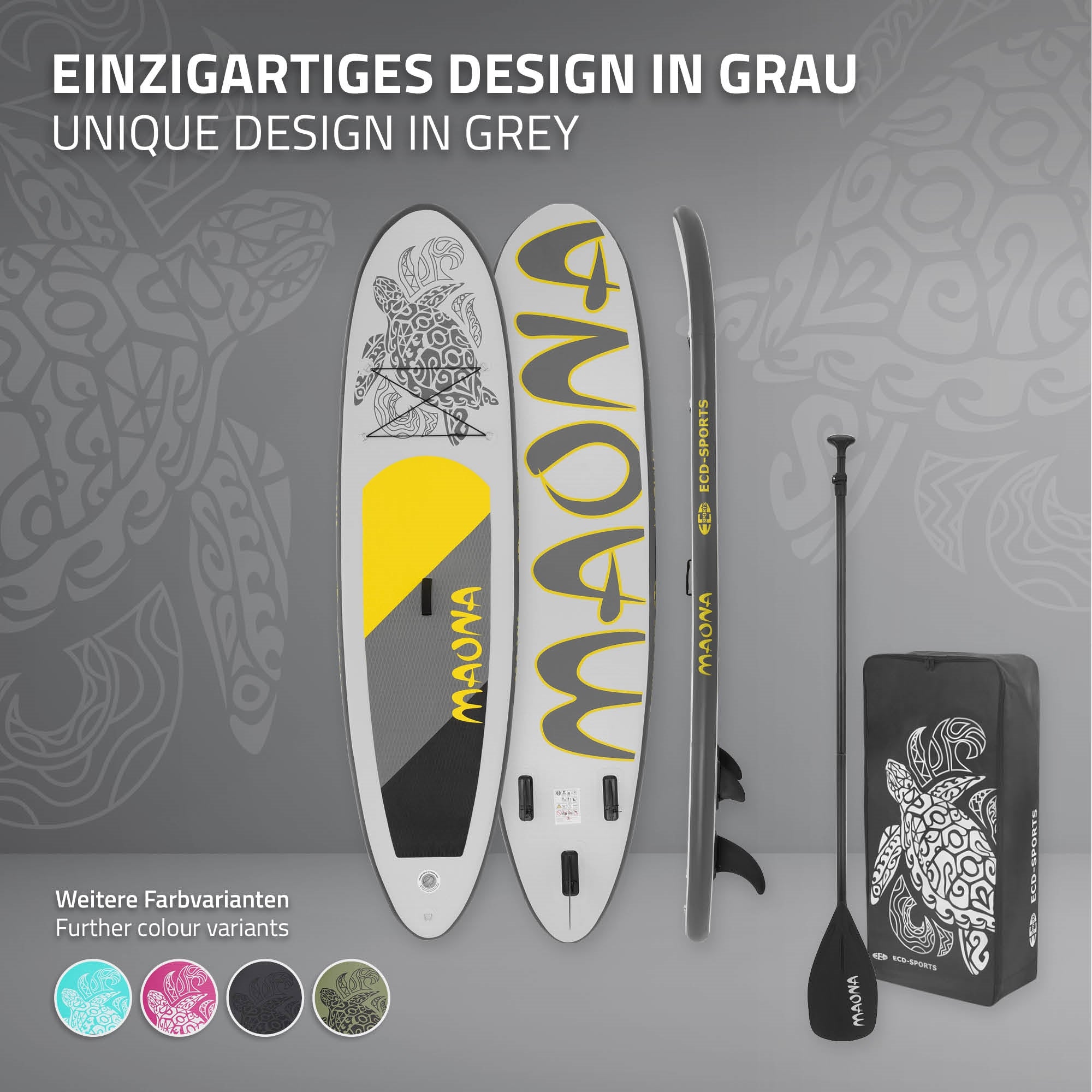 Tre Stand-Up-Paddle Boards i grå med gule og sorte designs.