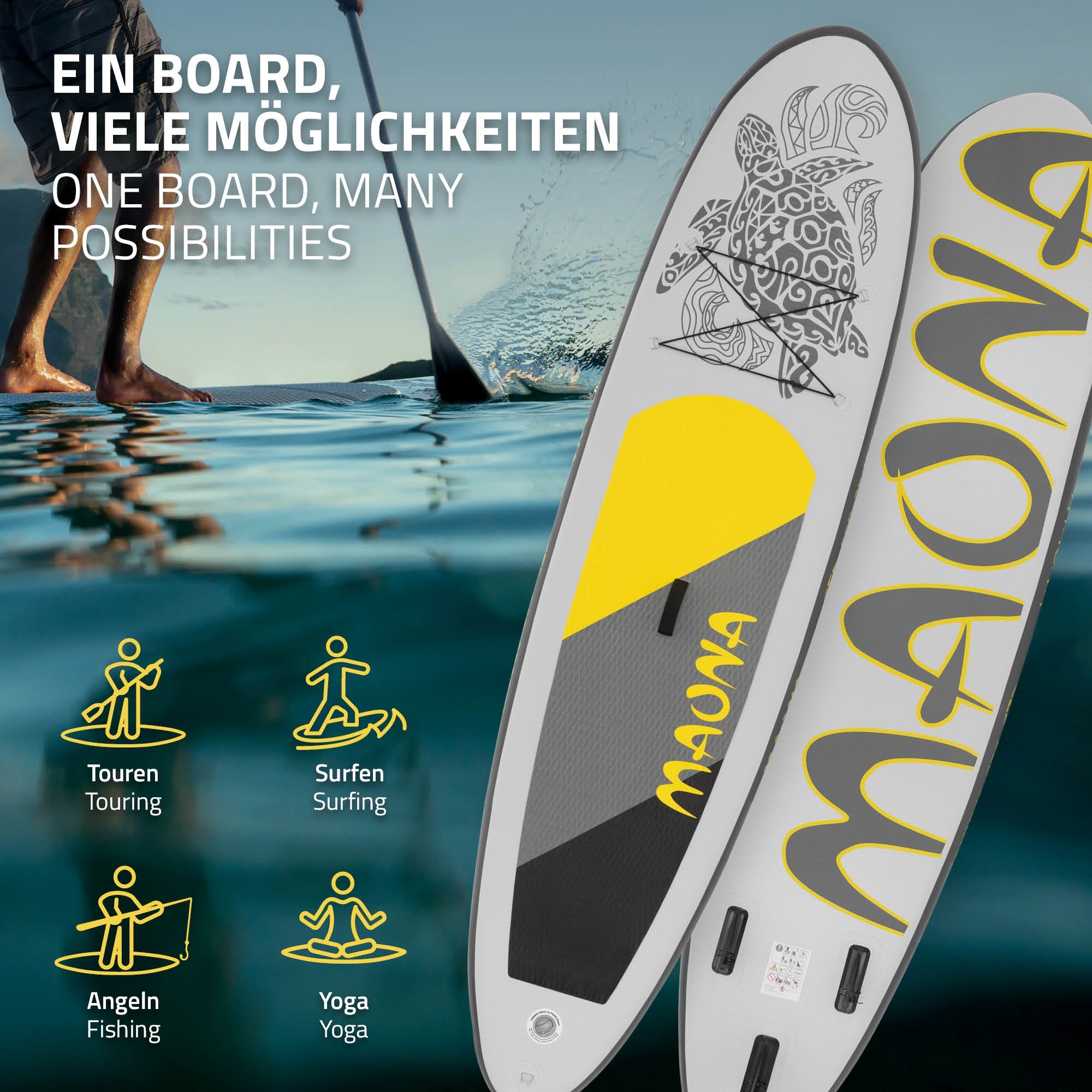 Stand-Up-Paddle-Board i grå og gul med symboler for forskellige anvendelsesmuligheder.