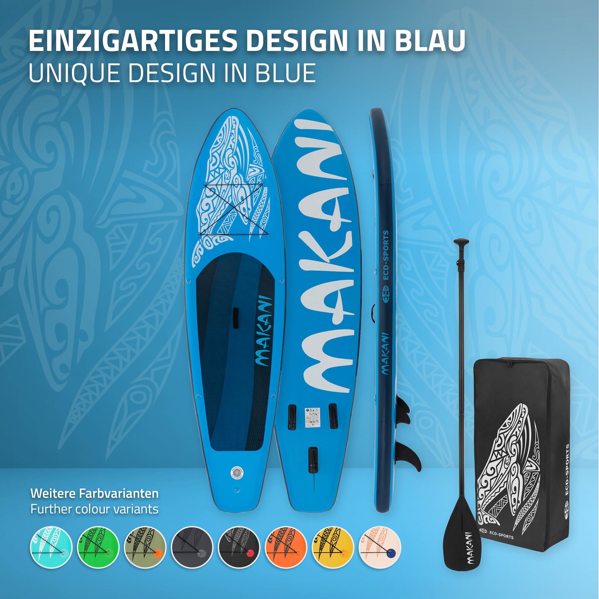 Modré paddleboard s nápisem a příslušenstvím na bílém pozadí.