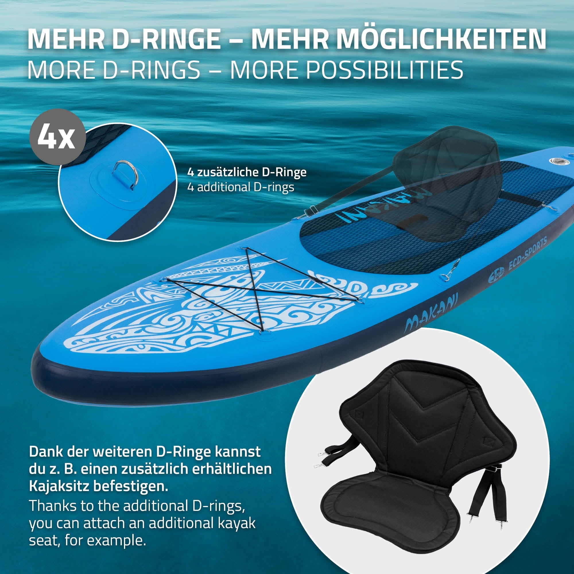 Modré paddleboard s dalšími D-kroužky a informacemi o příslušenství.