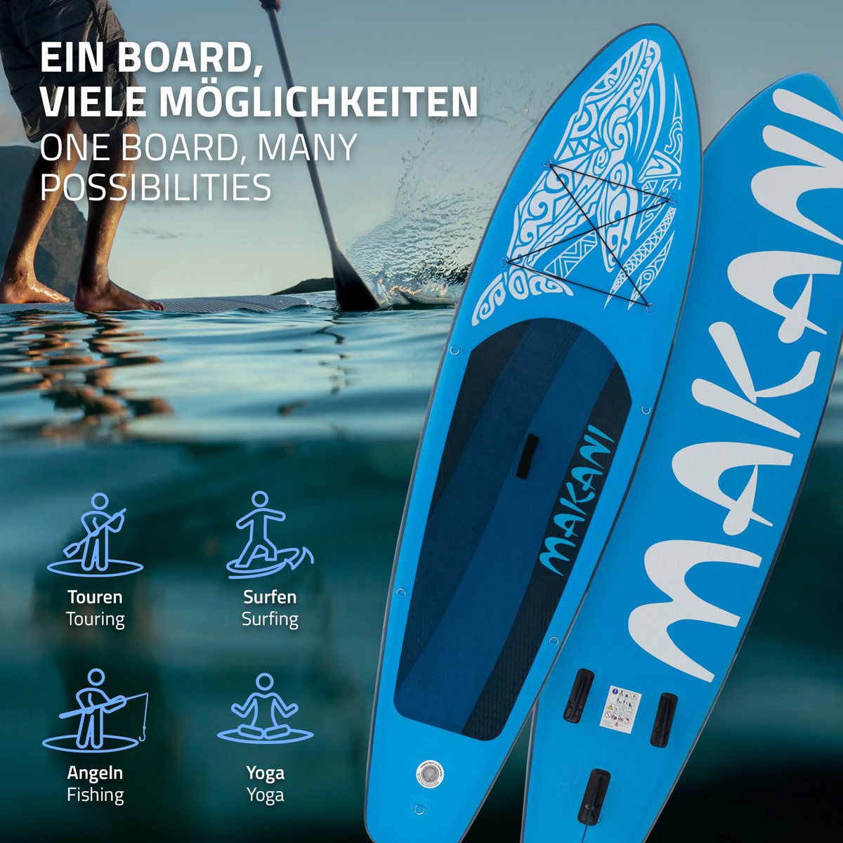 Kék Stand Up Paddle Board felhasználási lehetőségekkel és szimbólumokkal.