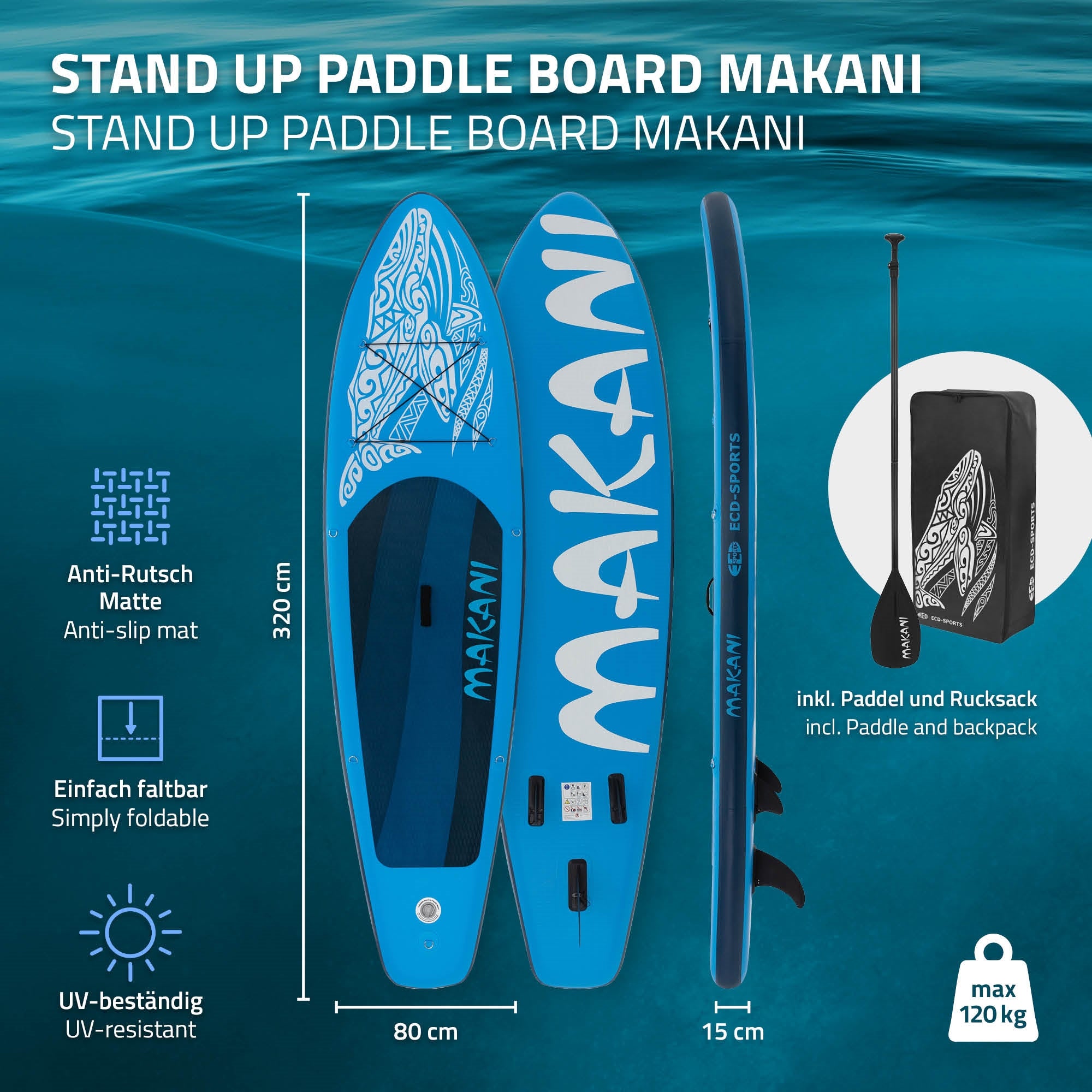 Stand Up Paddle Board Makani v modré barvě s rozměry a vlastnostmi.