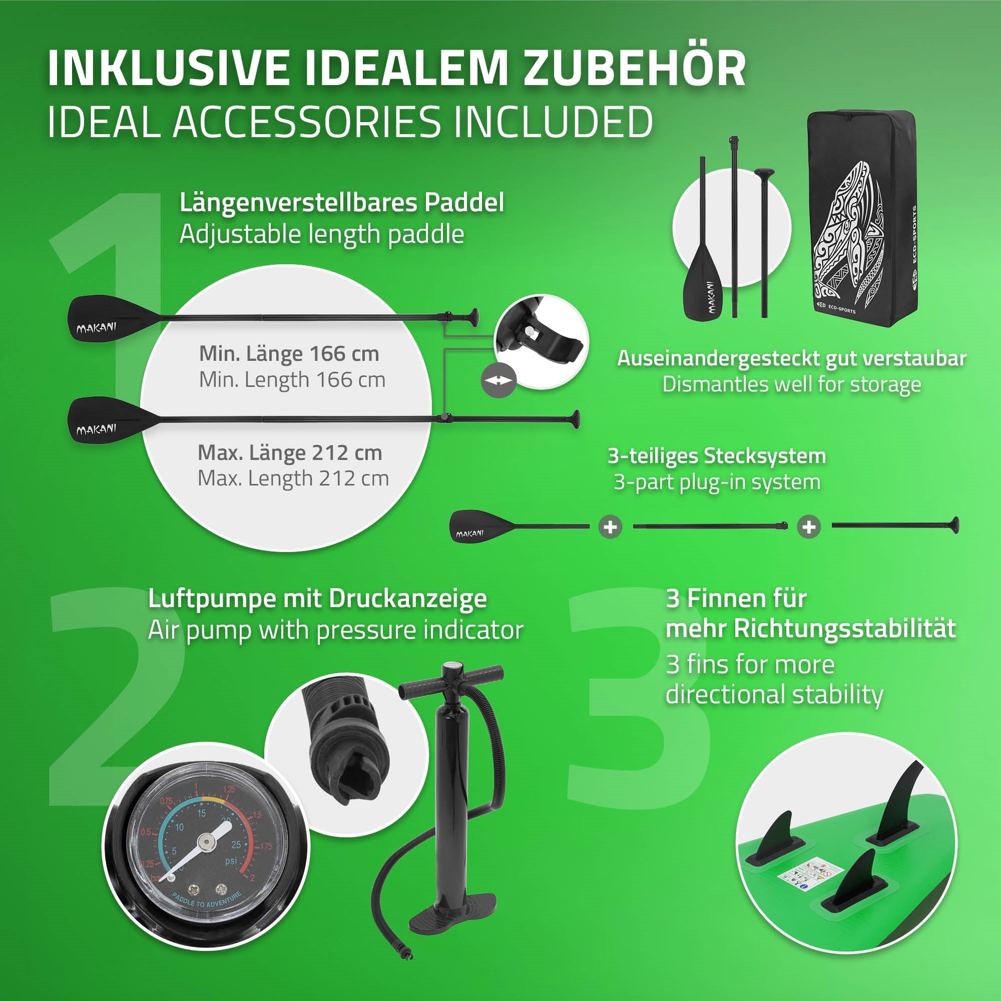 Příslušenství pro kajak s pádlem, vzduchovou pumpou a stabilizačními ploutvemi.
