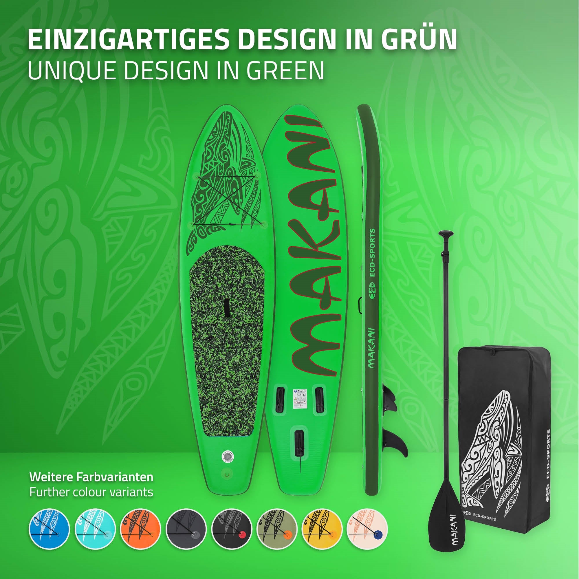 Zelený paddleboard s designem a příslušenstvím, zobrazeny další barevné varianty.