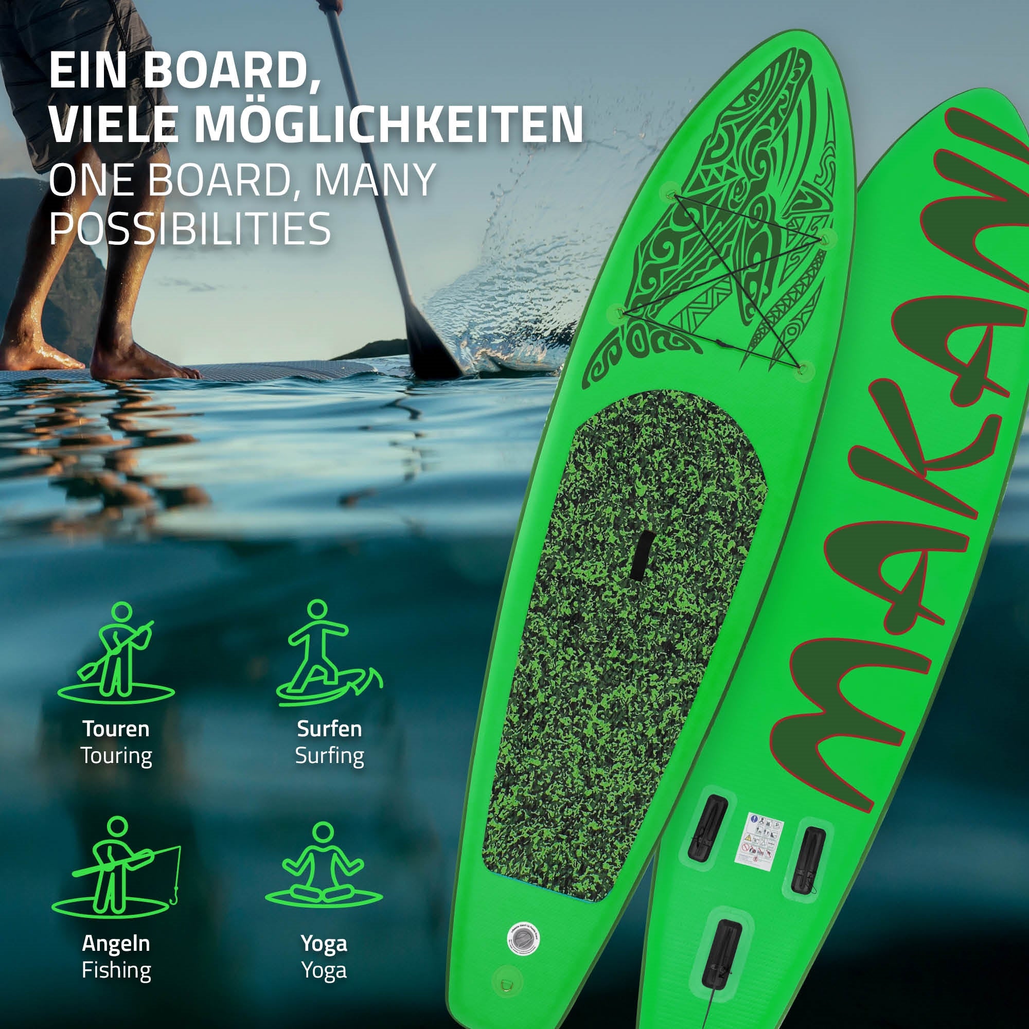 Zelený paddleboard s možnostmi použití, voda v pozadí.
