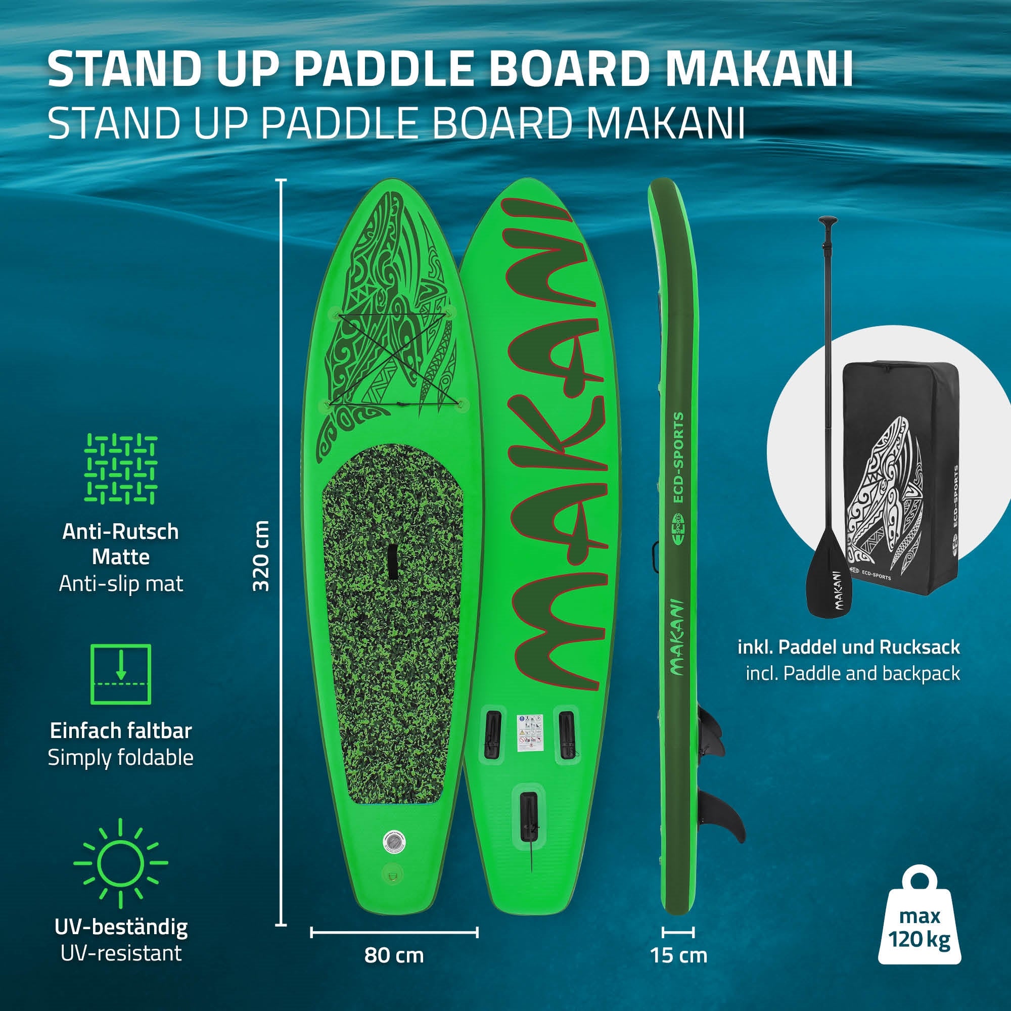 Grünes Stand-Up-Paddle-Board mit Anti-Rutsch-Matte, seitliche Ansicht.