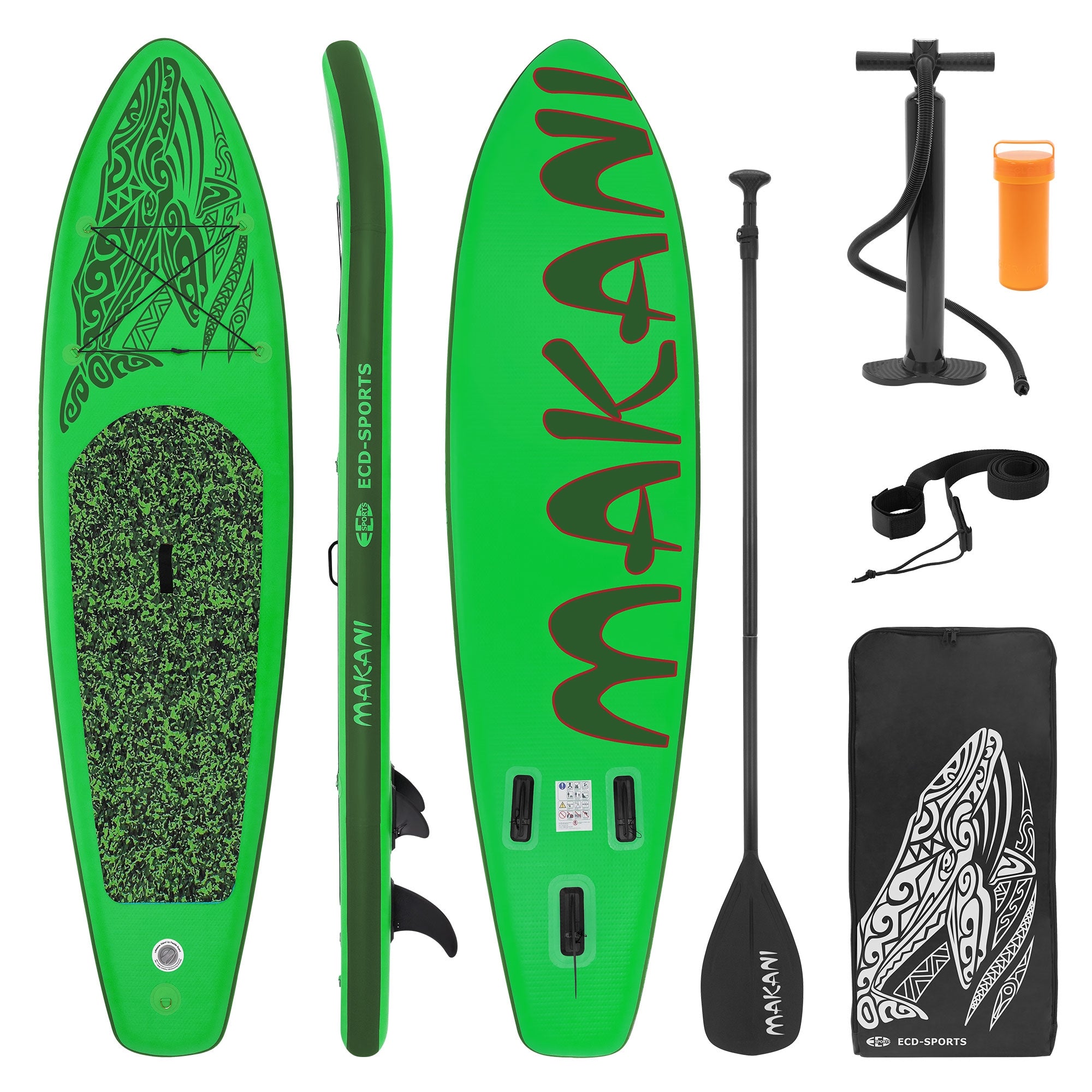 Grünes Paddleboard mit Pumpe, Paddel und Tragetasche.