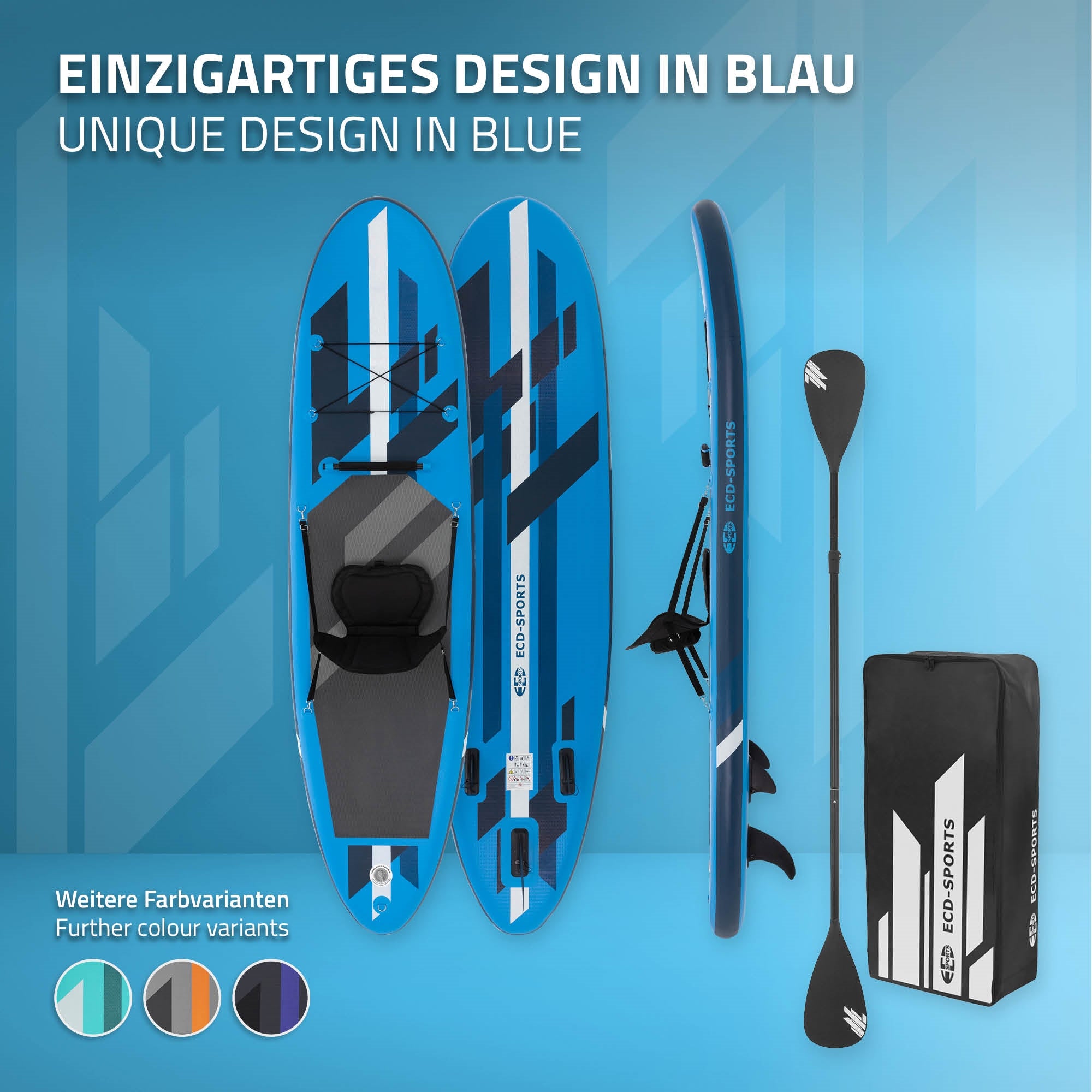 Paddleboard in blau mit Sitz und Paddel, auf blauem Hintergrund.