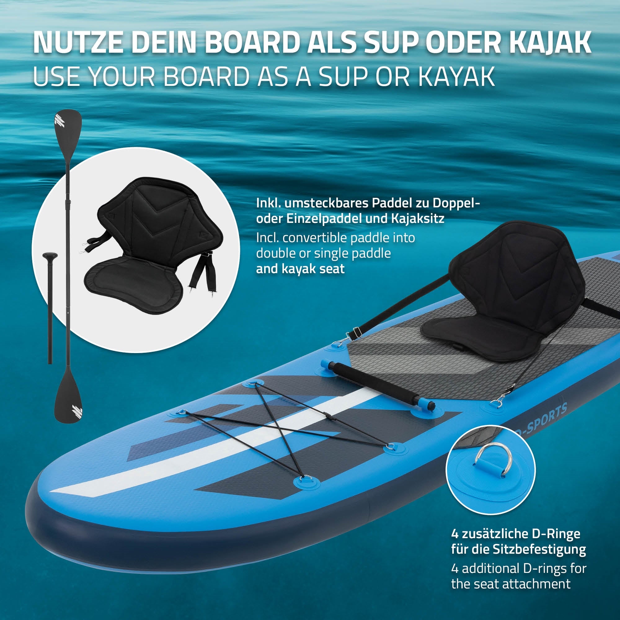 Paddleboard in Blau mit Sitz und Paddel, D-Ringe zur Befestigung sichtbar.