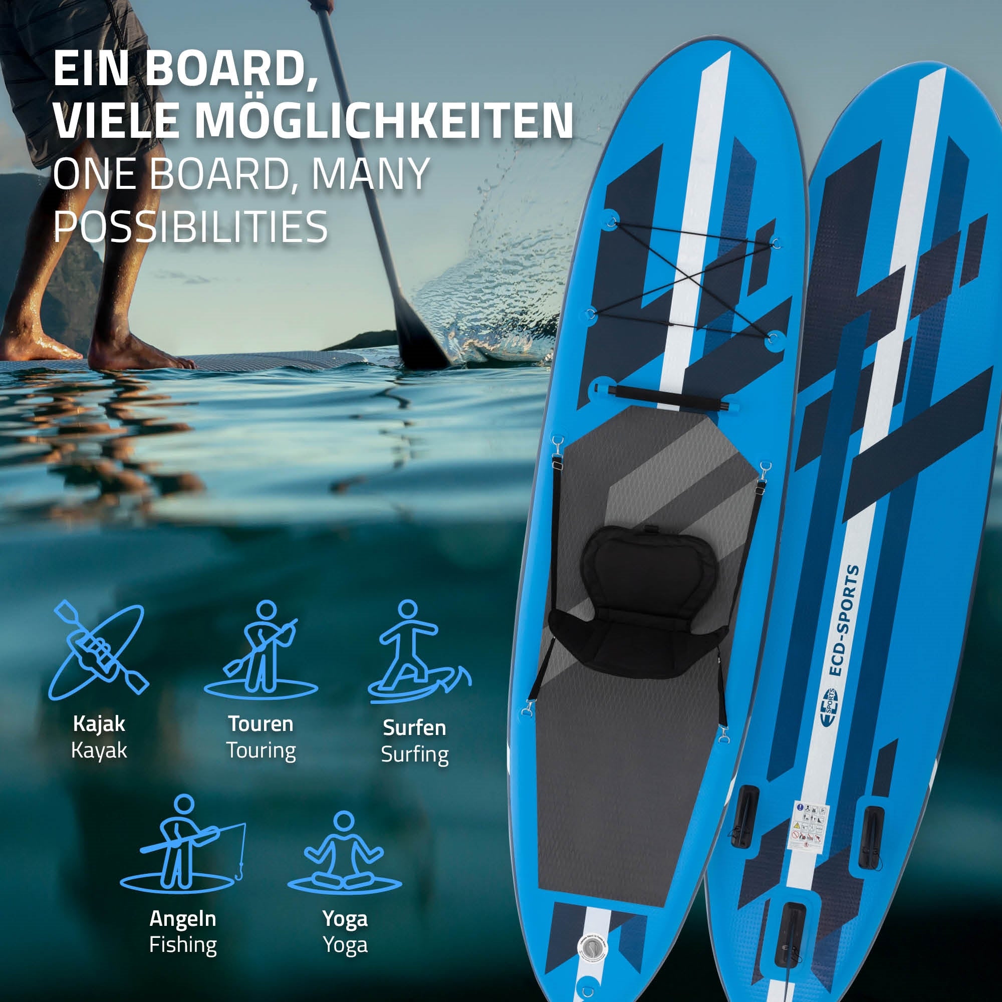 Blaues Paddle-Board mit verschiedenen Nutzungsmöglichkeiten, Wasser im Hintergrund.