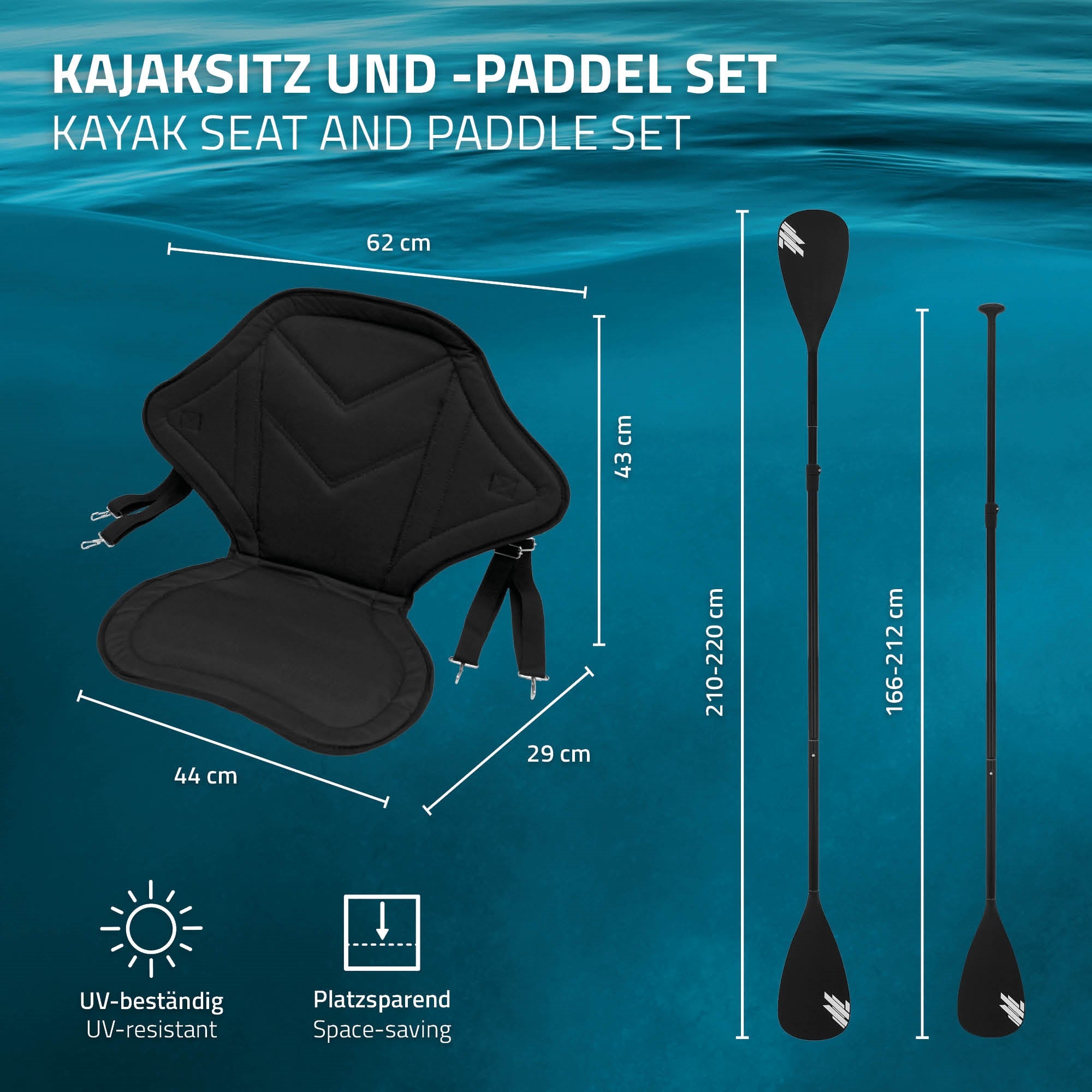 Kajaksitz und Paddelset mit Maßangaben.