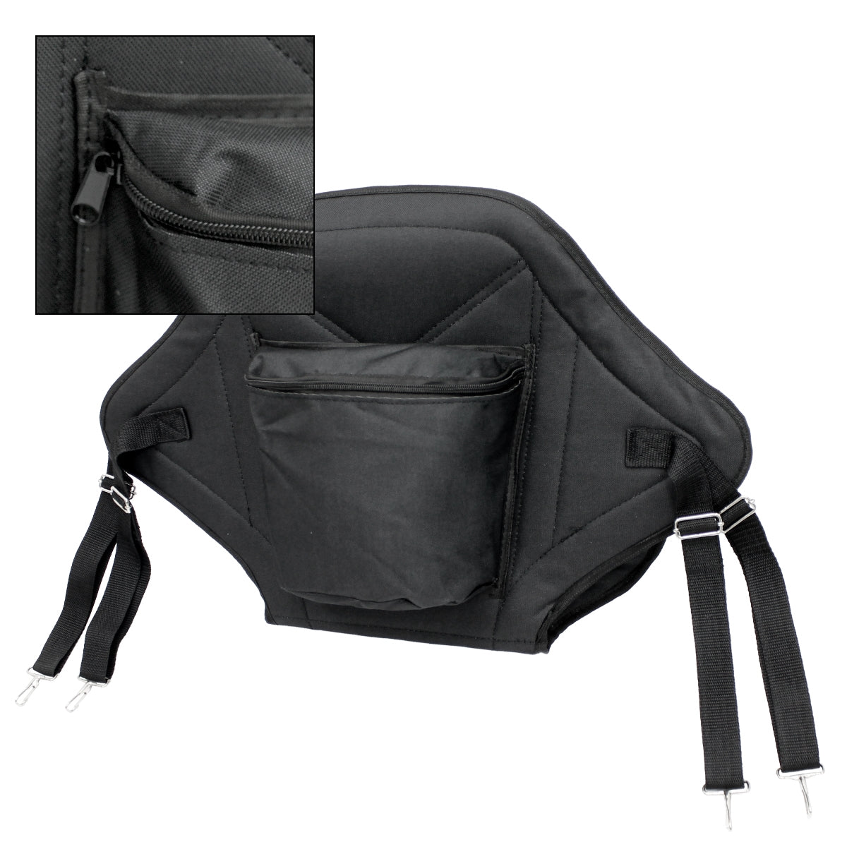 Schwarzer Rückenpolster mit Taschen und verstellbaren Gurten.