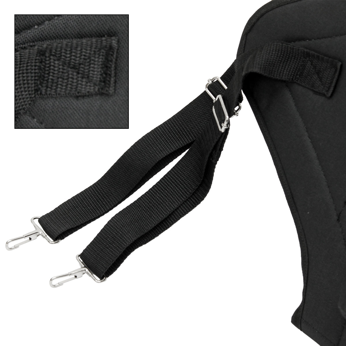 Schwarze Tragegurte mit Clips und einem Detailansicht auf weißem Hintergrund.