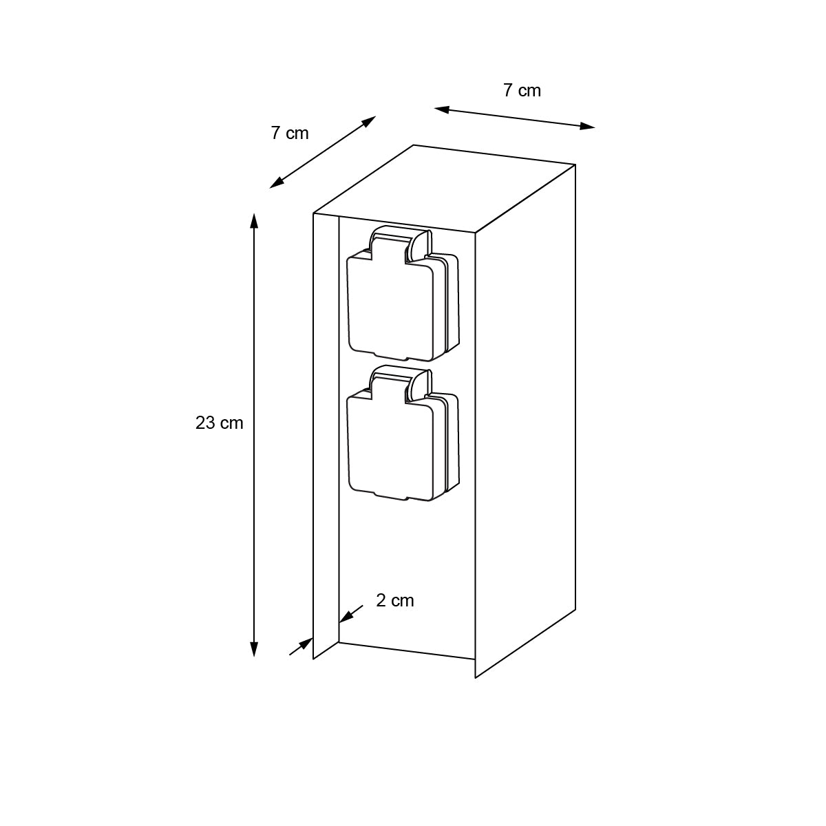 Dibujo técnico de un objeto rectangular con medidas.