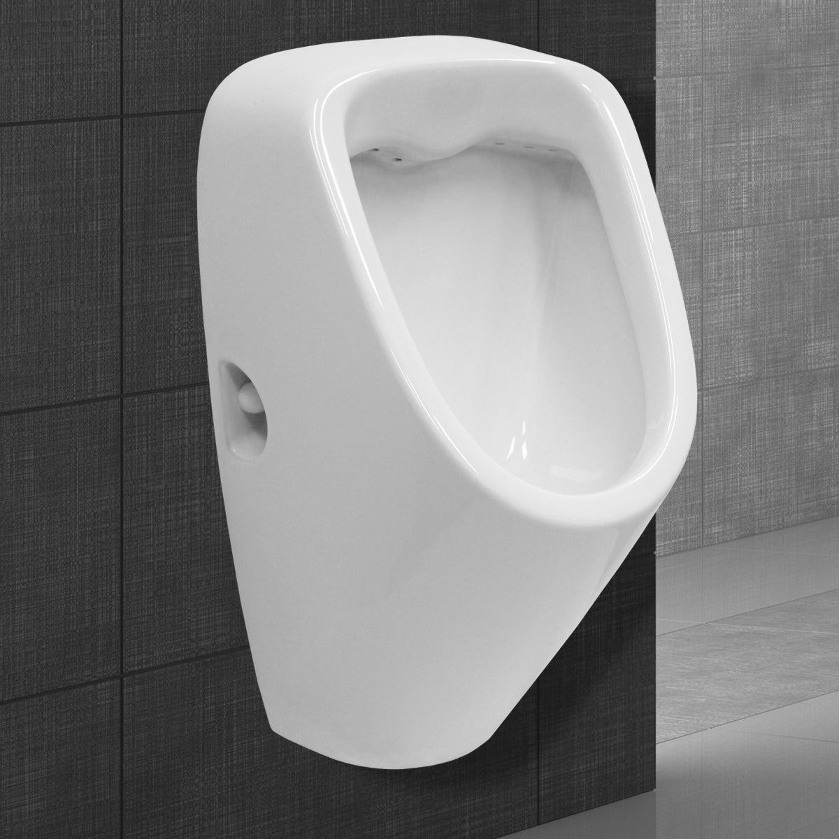 Vægmonteret urinal i hvid keramik.