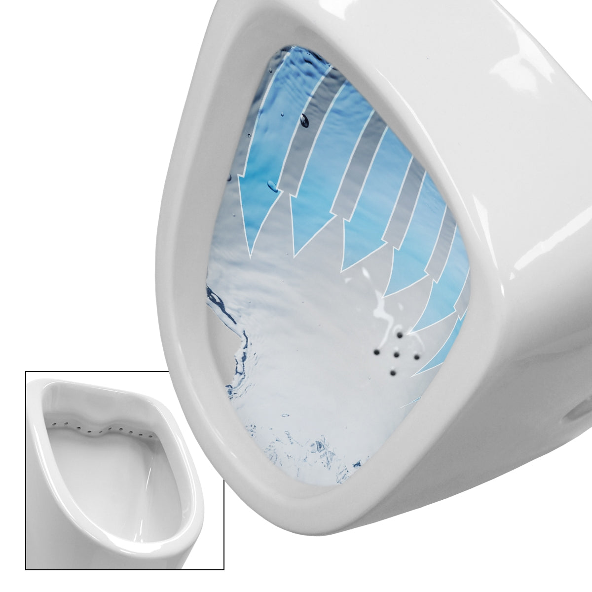 Nærbillede af et urinal med vandstrøm.