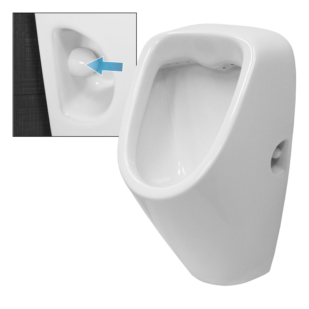 Hvidt urinal med en knap til skyl.