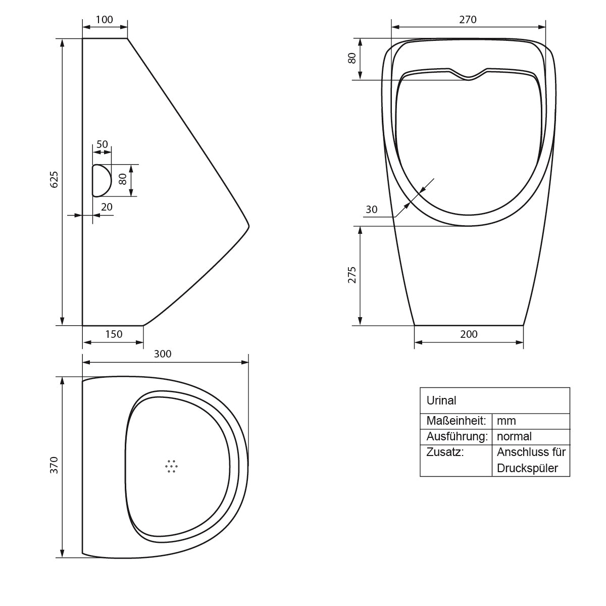 Teknisk tegning af et urinal med mål i mm.