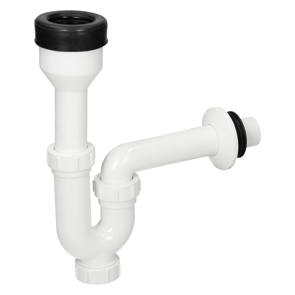 Witte sifonarmatuur met gebogen buis.