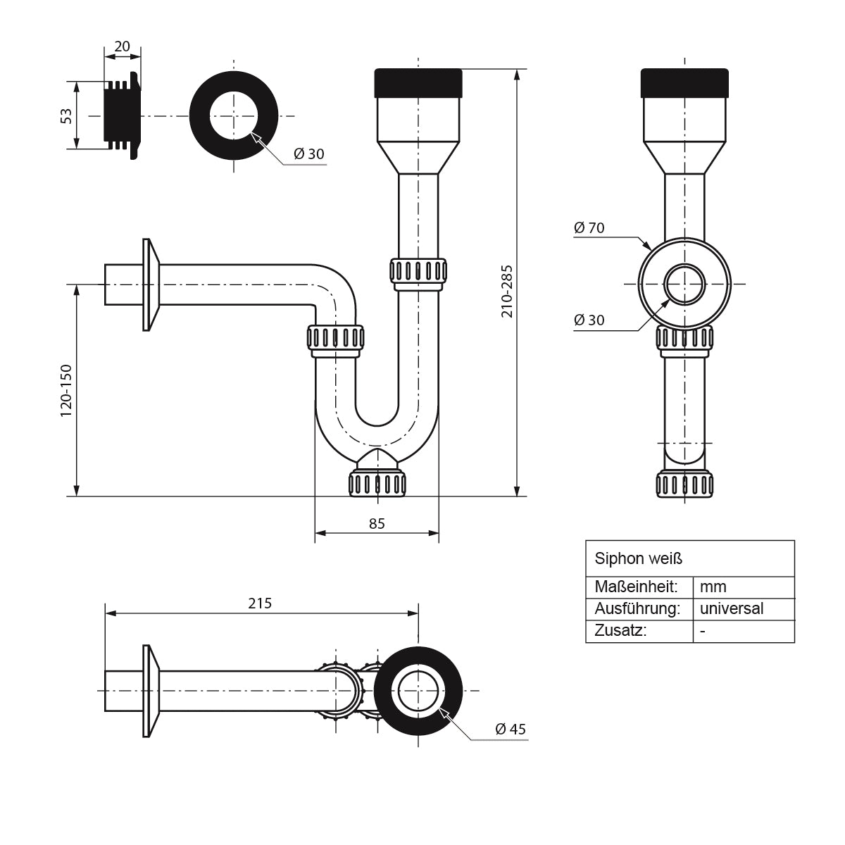 Technische tekening van een sifon met afmetingen en details.