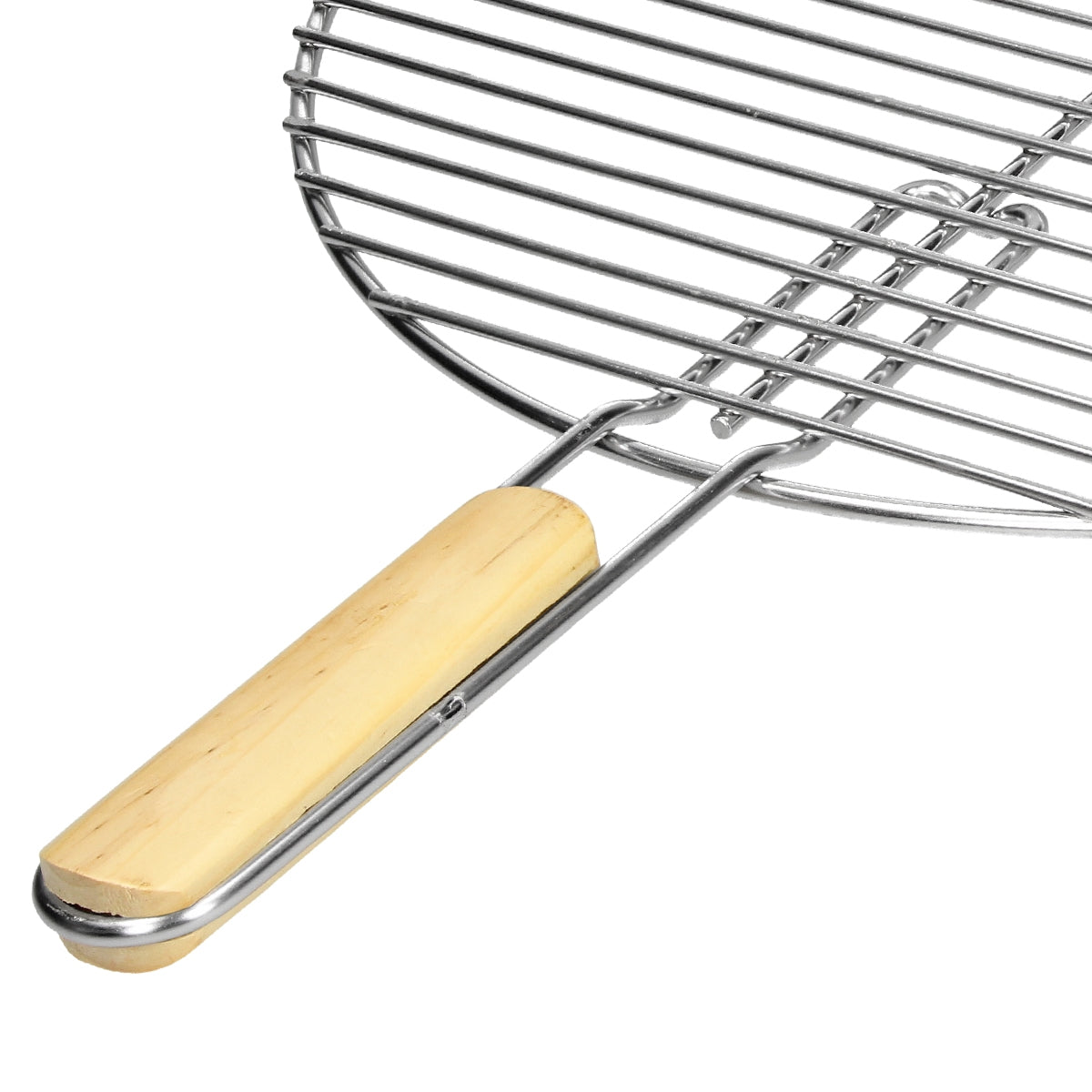 Grillrost aus Edelstahl mit einem Holzgriff.
