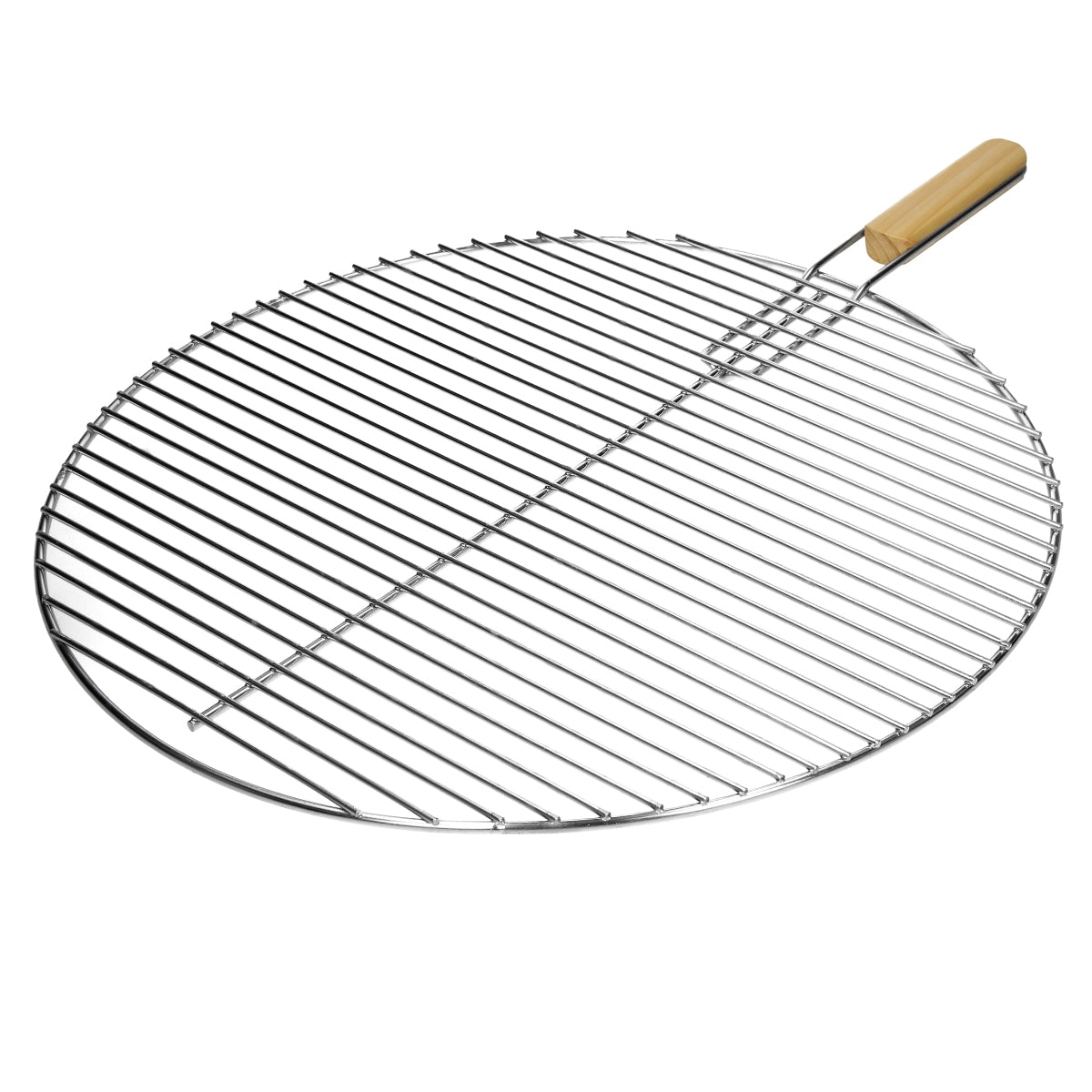 Runde Grillrost aus Edelstahl mit Holzgriff.