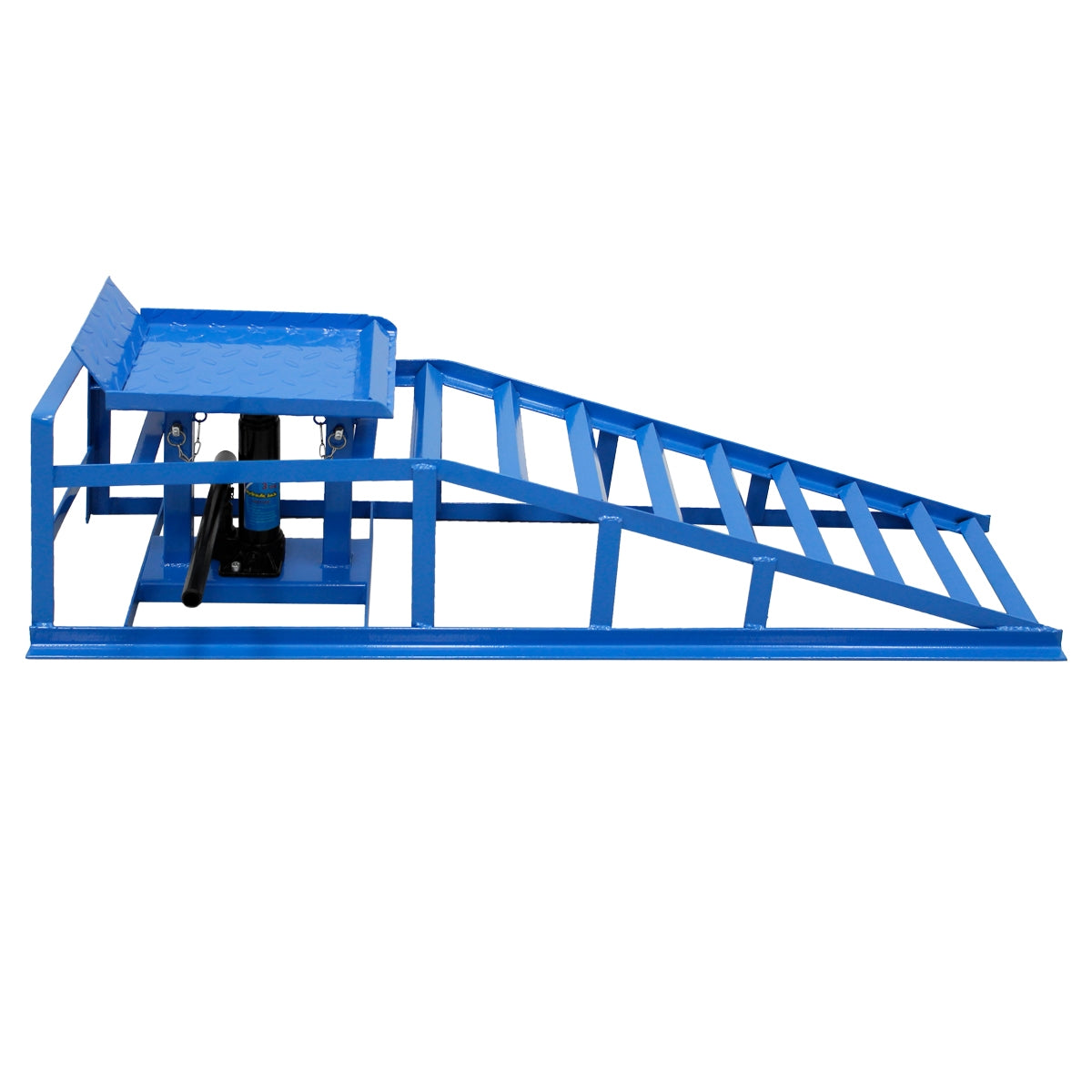 Blaue Rampe mit schräger Fläche und Halterung.