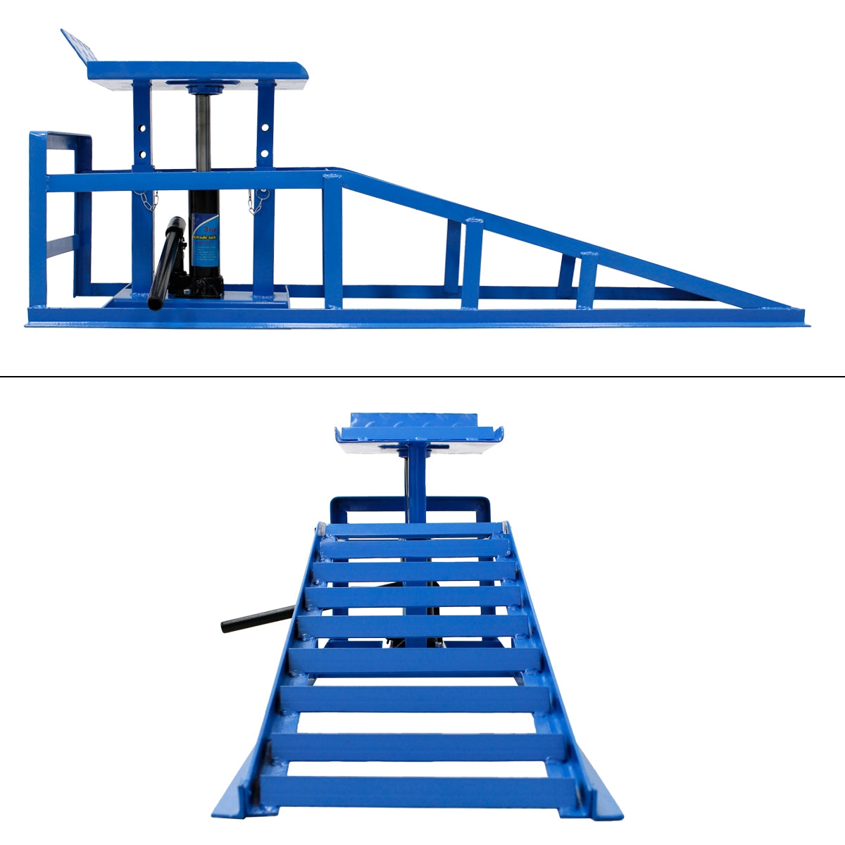 Blaues Hebewerkzeug mit schräger Rampe und Plattform.