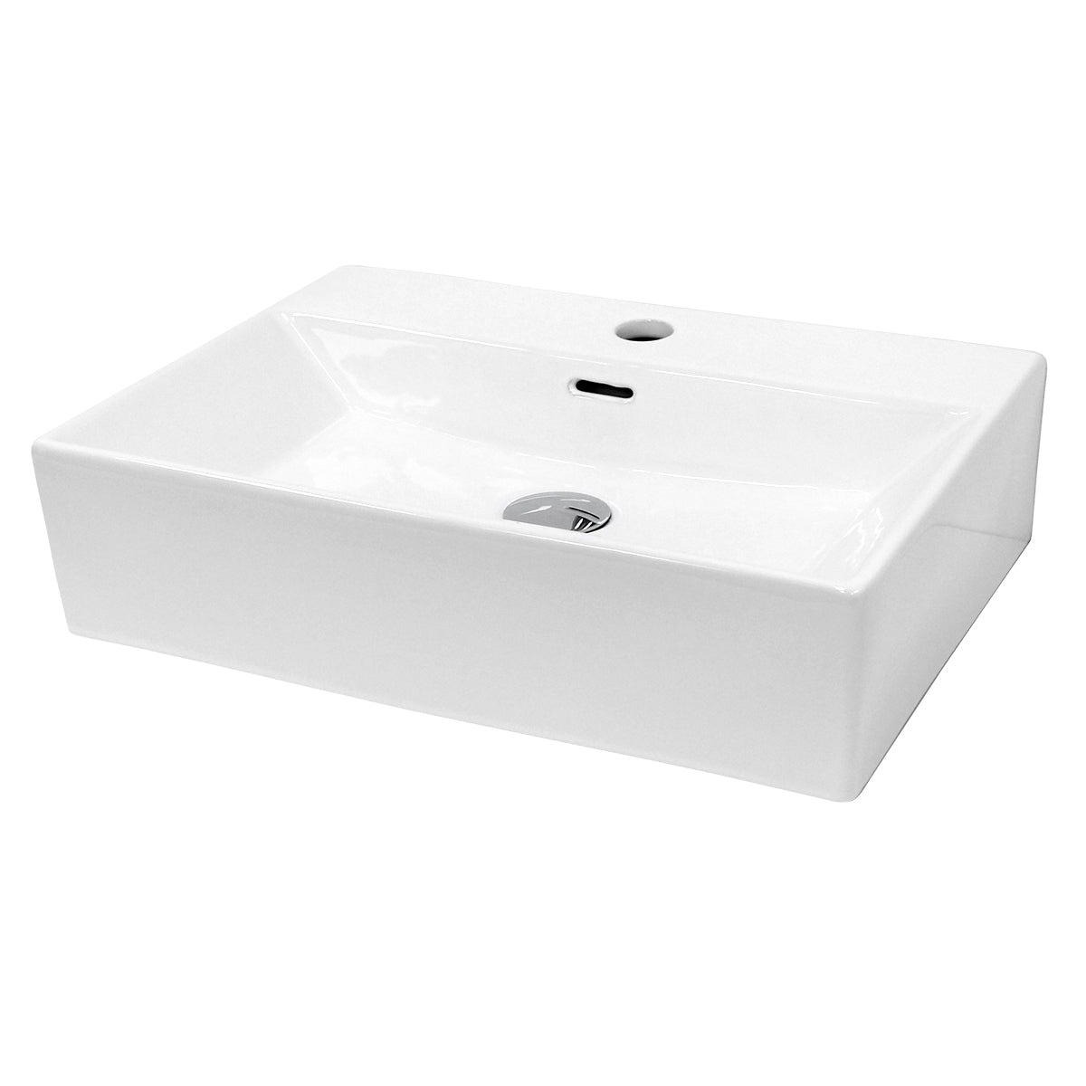 Lavabo bianco con forma rettangolare e foro per rubinetto centrale.