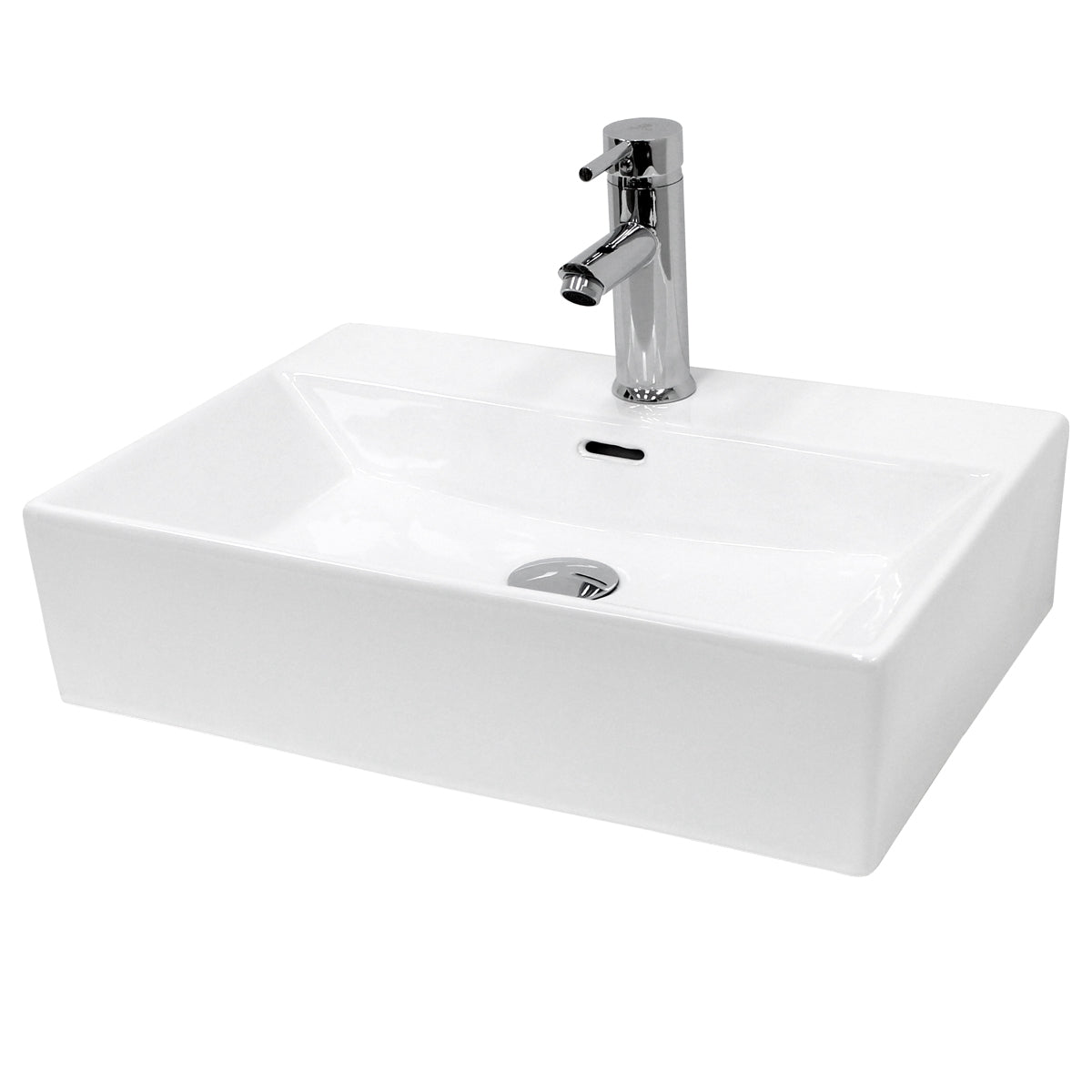 Rechthoekige, witte wastafel met kraan.