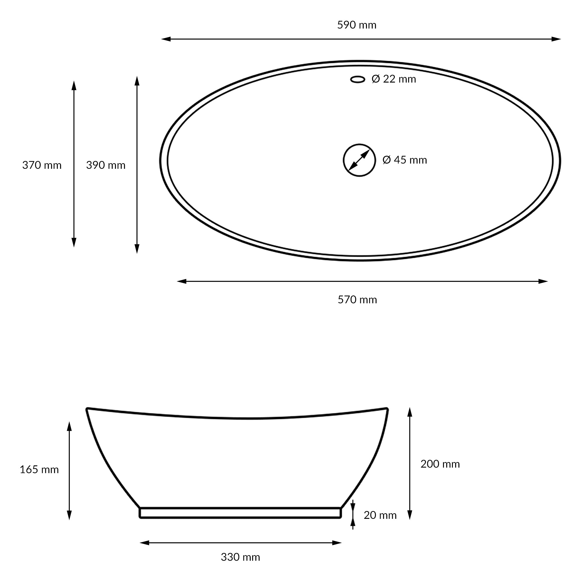 Technical drawing of an oval washbasin with dimensions.