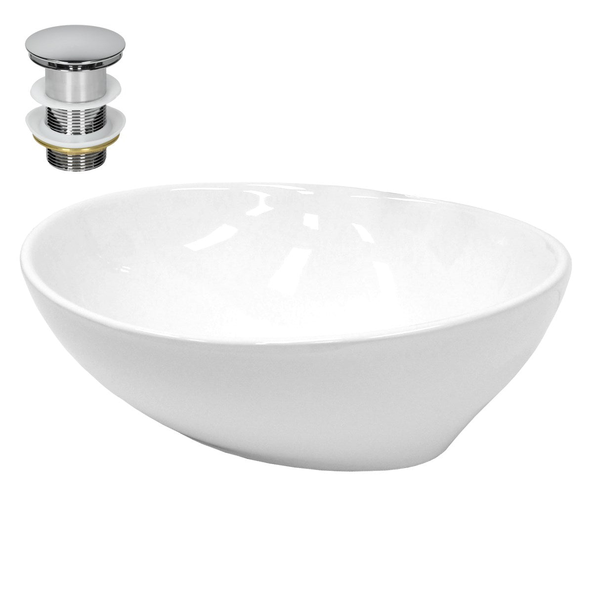 White washbasin with drain and chrome-plated waste valve.