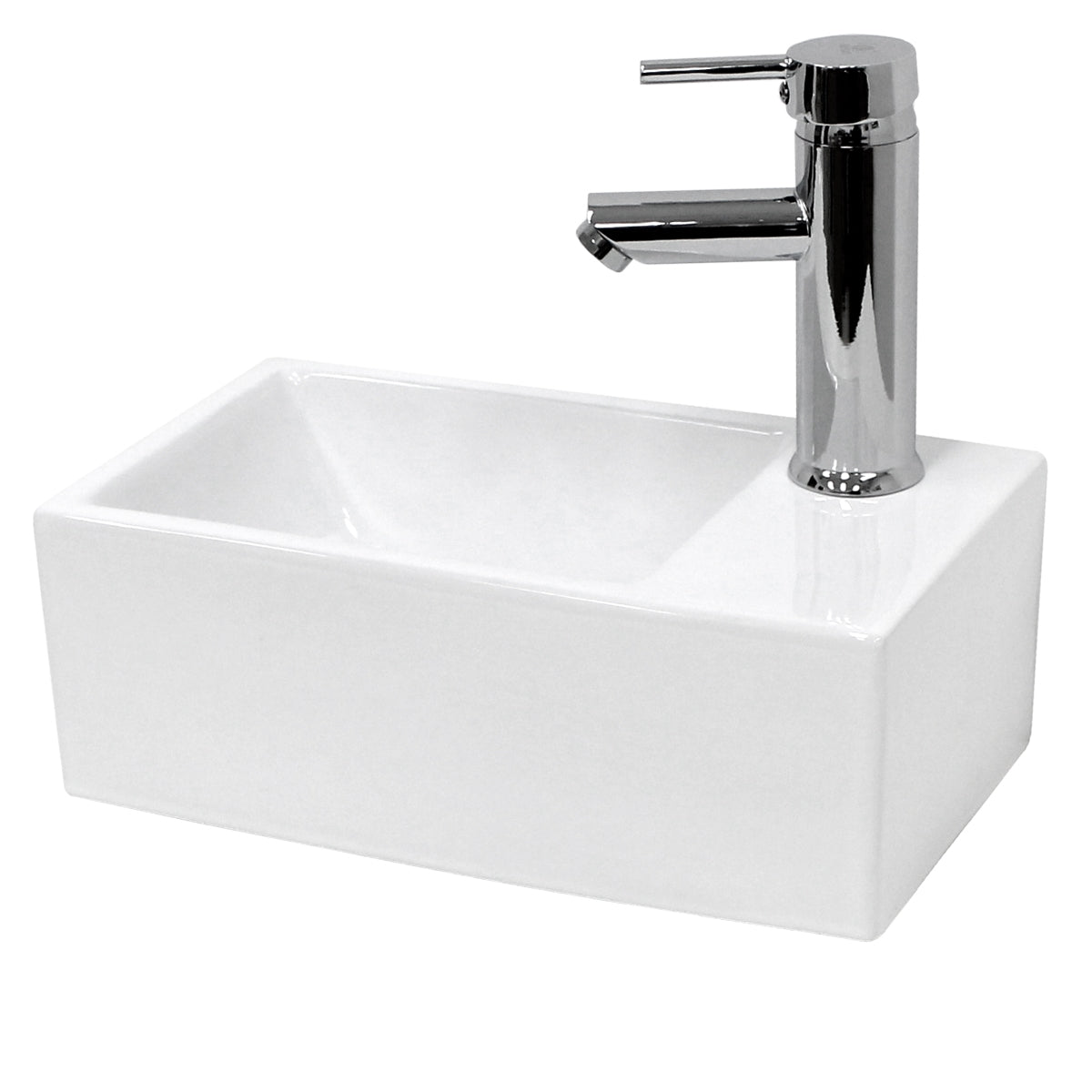 Rectangular, white washbasin with a modern faucet.