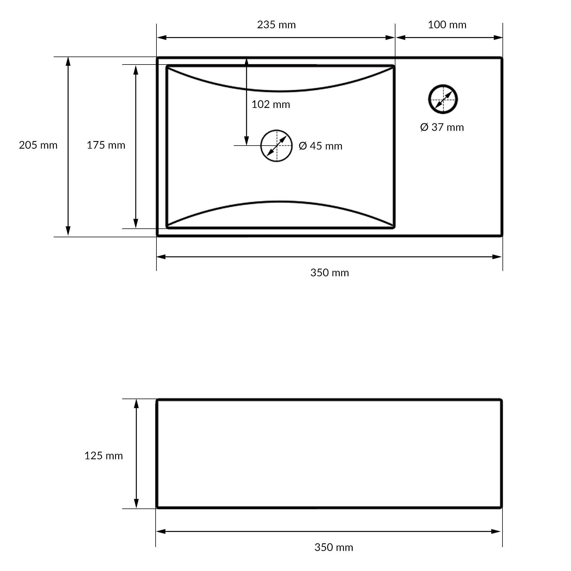 Technical drawing of a rectangular washbasin with measurements.