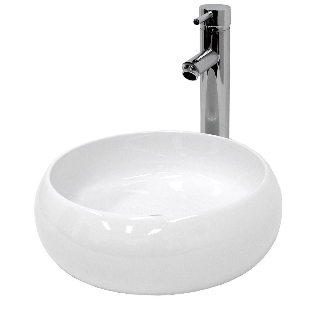 Runde, weiße Waschschüssel aus Keramik mit einem modernen Wasserhahn.