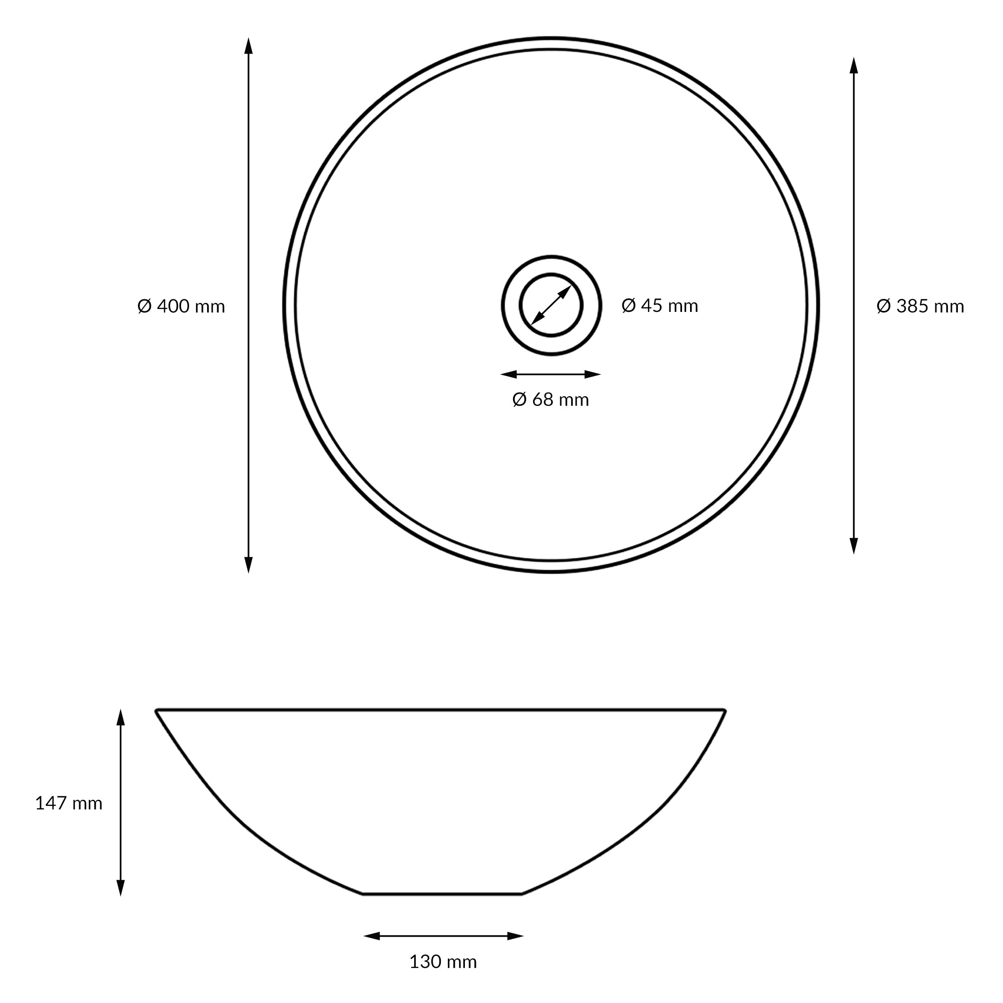 Dessin technique d'un lavabo rond avec des dimensions.