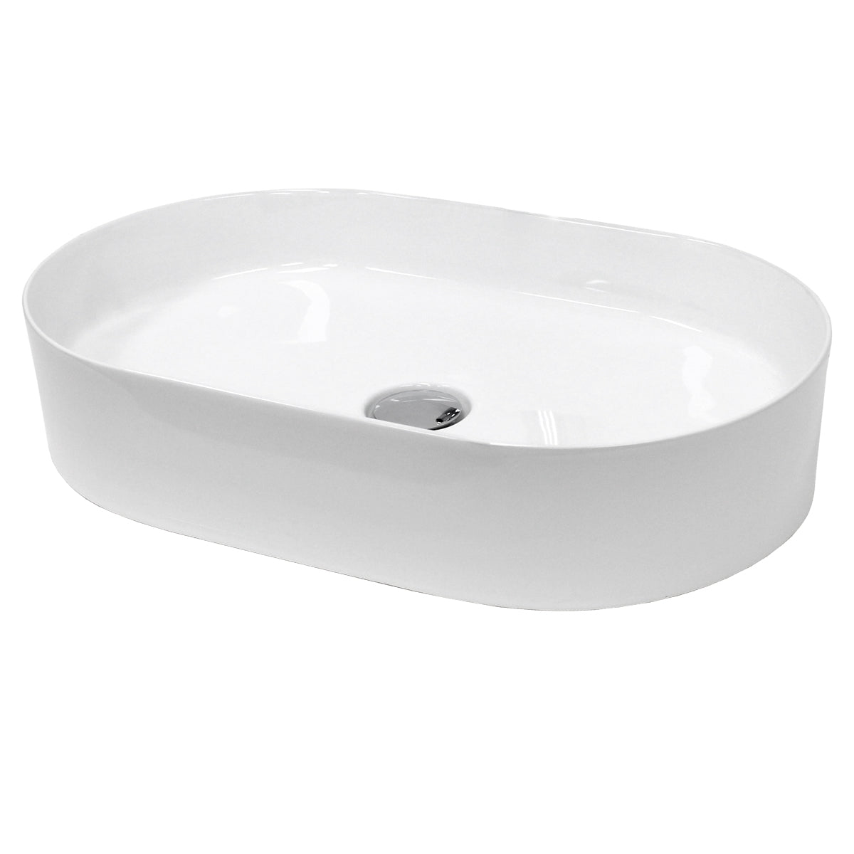 Lavabo ovale blanc avec évacuation centrale.