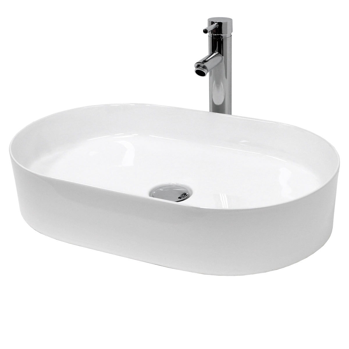 Oval white sink with faucet.