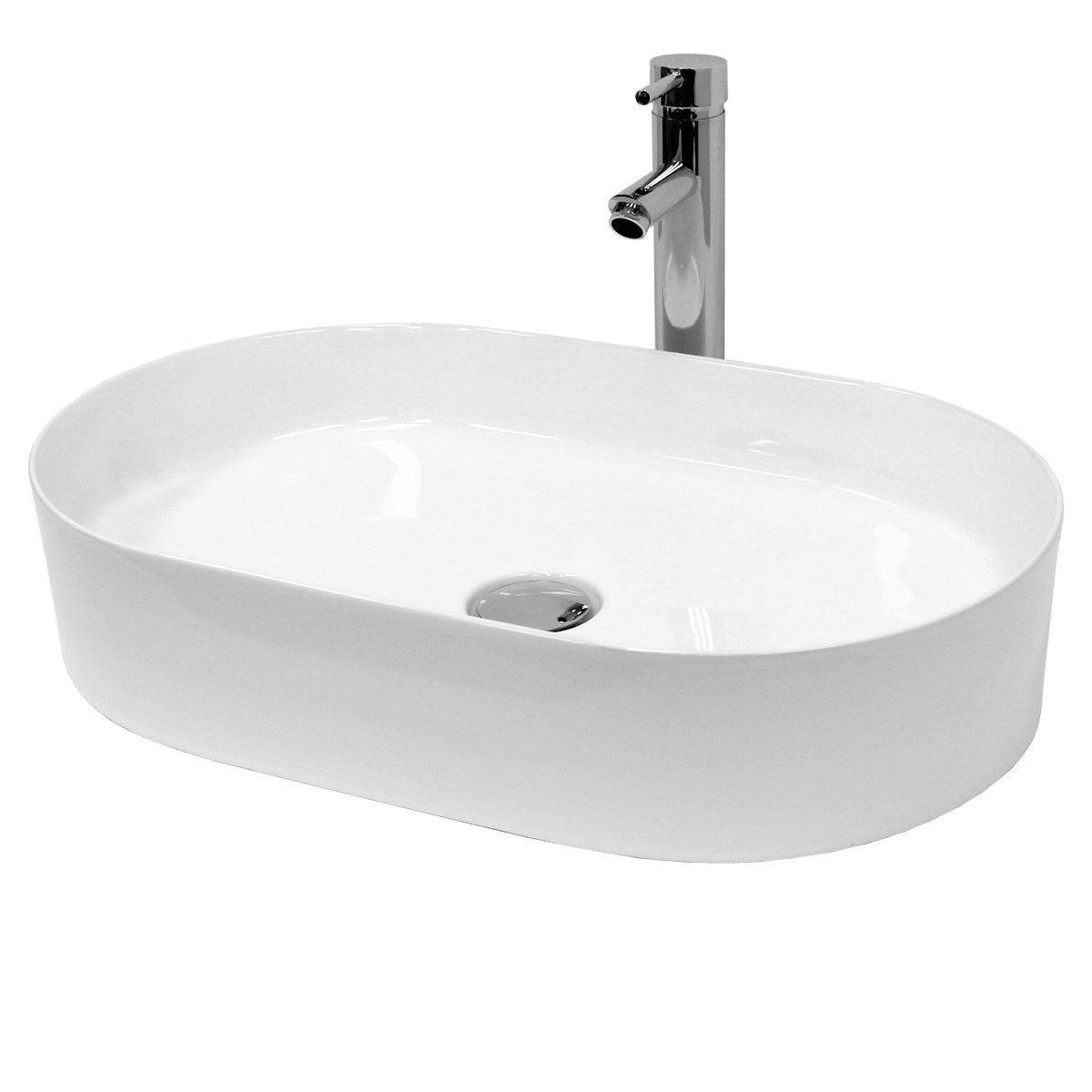 Oval, hvid håndvask med vandhane.