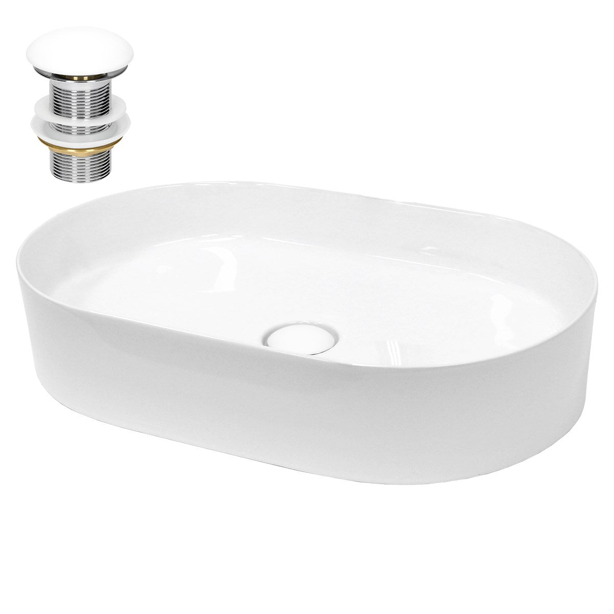 Hvid, oval håndvask med afløbsventil.